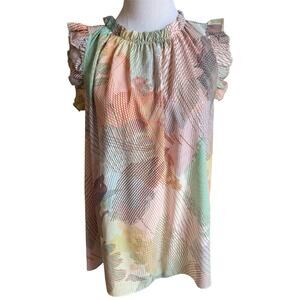 NEW S Boutique Flutter Sleeve Blouse Ruffle Top Multicolor Geometric Print